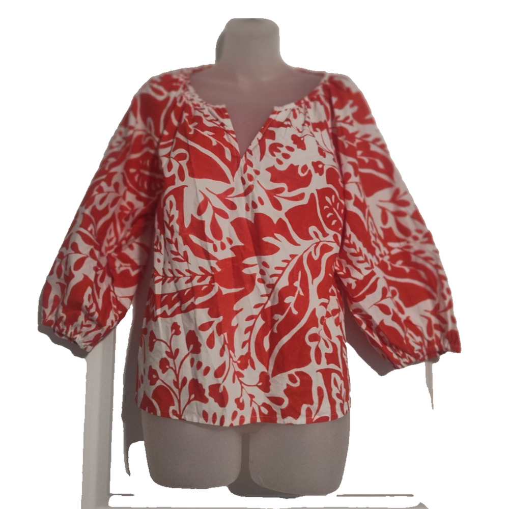 Banana Republic Woman Red White Blouse Long Sleeve Top Size S Bag1 - Picture 1 of 4